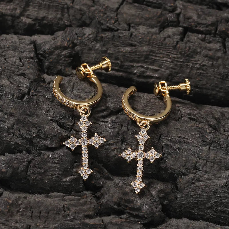 Hip Hop Spiral Buckle Cross Earrings