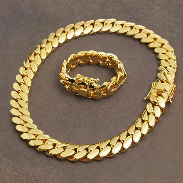 ICERIME 12mm Cuban chain and bracelet set, 18K Gold