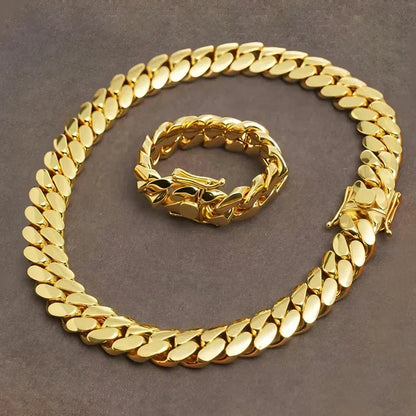ICERIME 12mm Cuban chain and bracelet set, 18K Gold