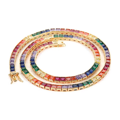 ICERIME 4mm 18k Rainbow Gemstone Tennis Necklace