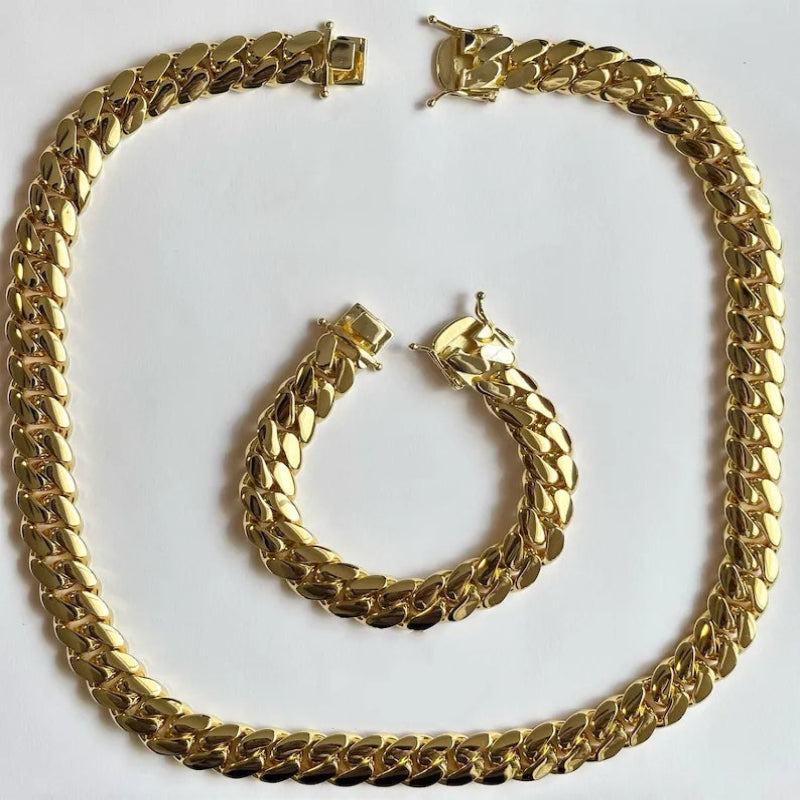 "RCERIME 12mm Cuban chain and bracelet set, 18K Gold"