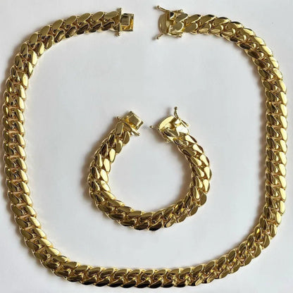"RCERIME 12mm Cuban chain and bracelet set, 18K Gold"