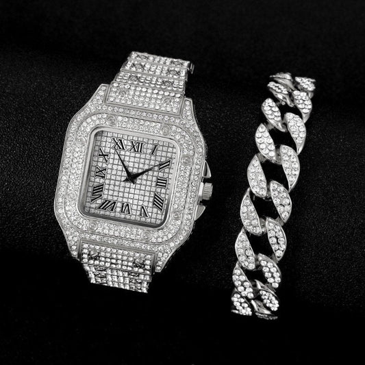 Cuban Bracelet and Diamond Watch Set