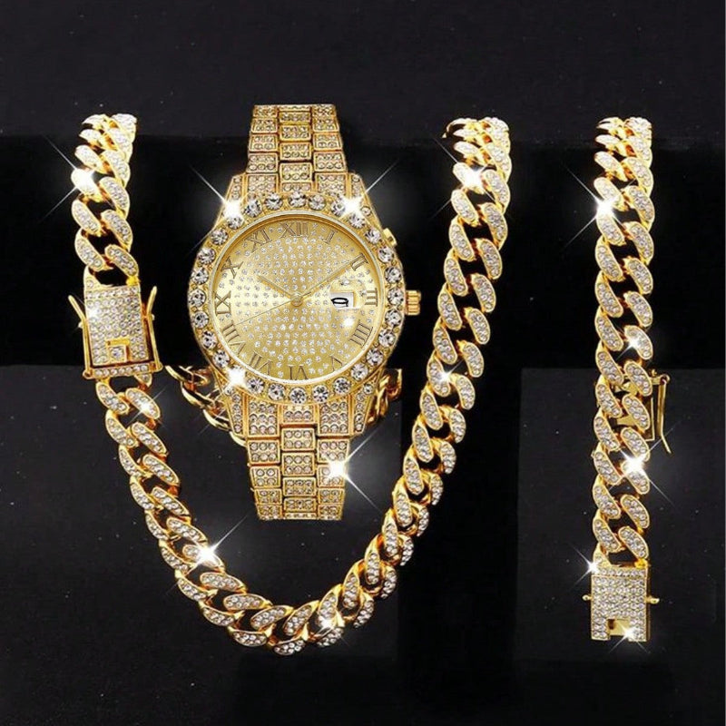 "Diamond Cuban chain, bracelet and watch three-piece set"