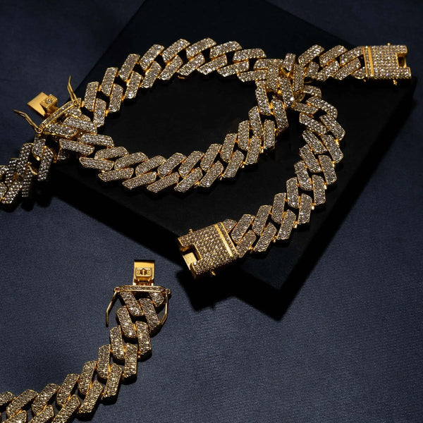 Kindlesa 18mm Prong Set Cuban Chain & Bracelet Bundle [Gold/White Gold]