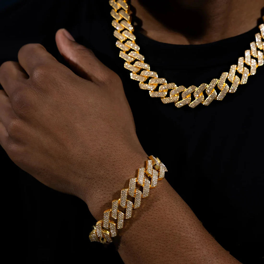 Kindlesa 18mm Prong Set Cuban Chain & Bracelet Bundle [Gold/White Gold]