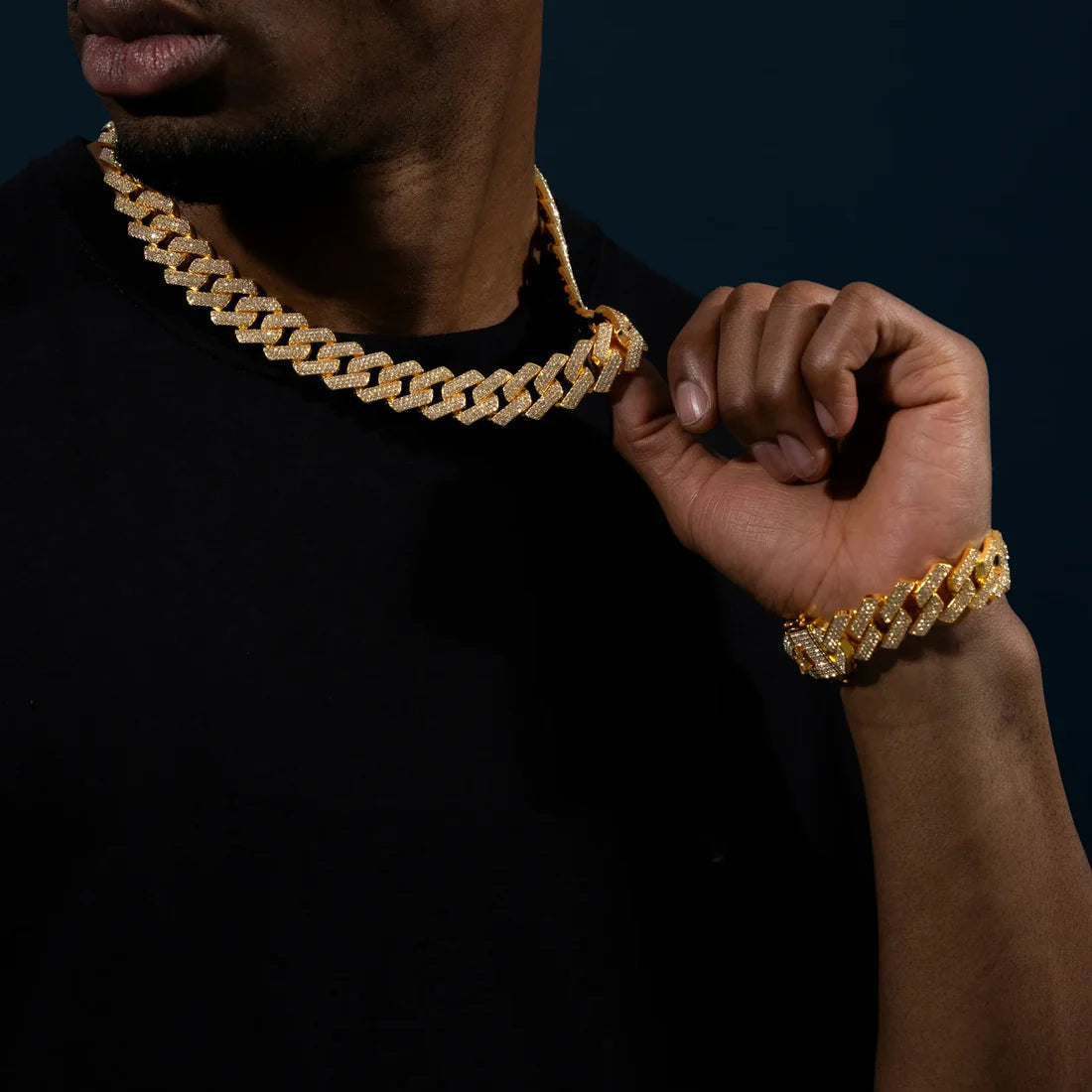 Kindlesa 18mm Prong Set Cuban Chain & Bracelet Bundle [Gold/White Gold]