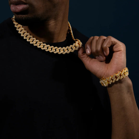 Kindlesa 18mm Prong Set Cuban Chain & Bracelet Bundle [Gold/White Gold]