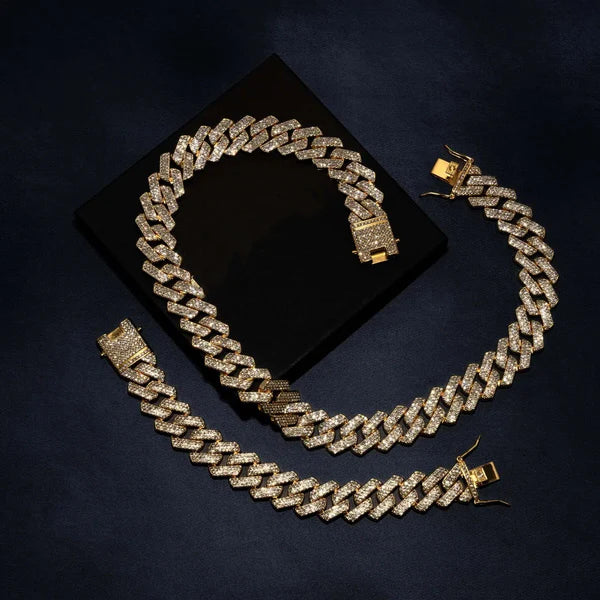 Kindlesa 18mm Prong Set Cuban Chain & Bracelet Bundle [Gold/White Gold]