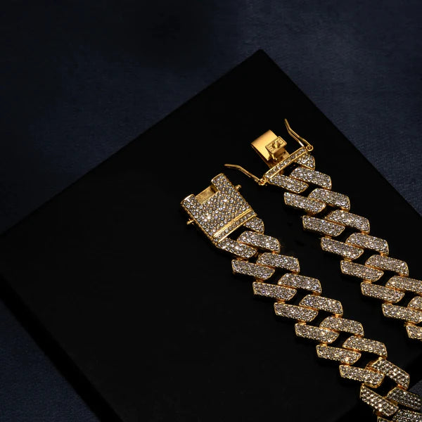 Kindlesa 18mm Prong Set Cuban Chain & Bracelet Bundle [Gold/White Gold]