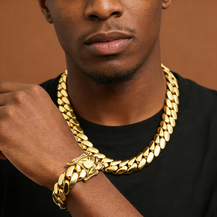 "ICERIME 12mm Cuban chain and bracelet set, 18K Gold"